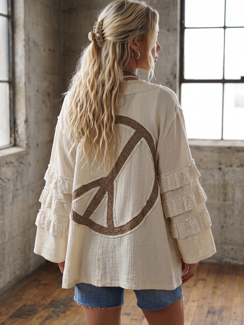 NWT POL Peace Patchwork Boho Ruffle Crochet Eyelet Open Cardigan - Picture 6 of 11